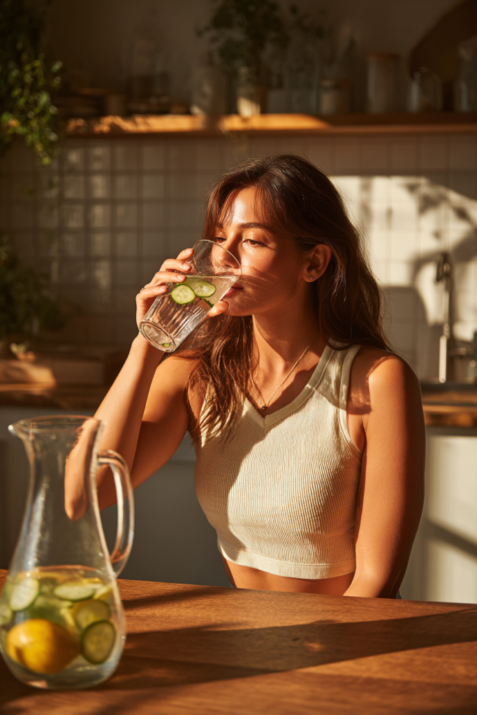 Woman drinking ginger cucumber lemon water as part of a daily routine