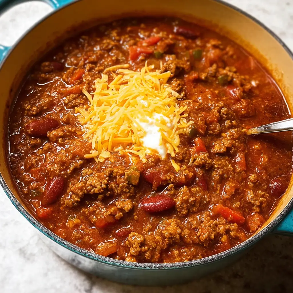 Bowl of hearty chili topped with cheese, sour cream, and green onions