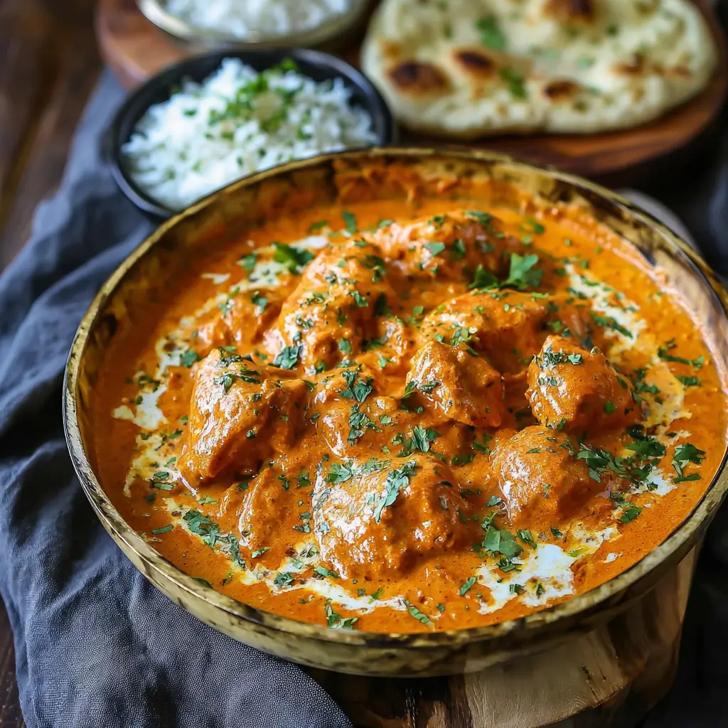 Creamy slow cooker butter chicken served with rice and naan.