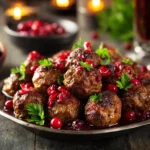 Cranberry glazed meatballs served on a festive platter