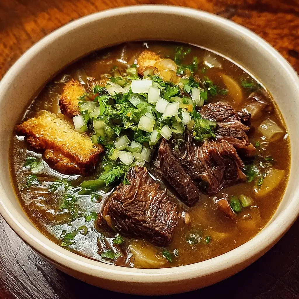 Bowl of French onion beef short rib soup topped with bread and melted cheese