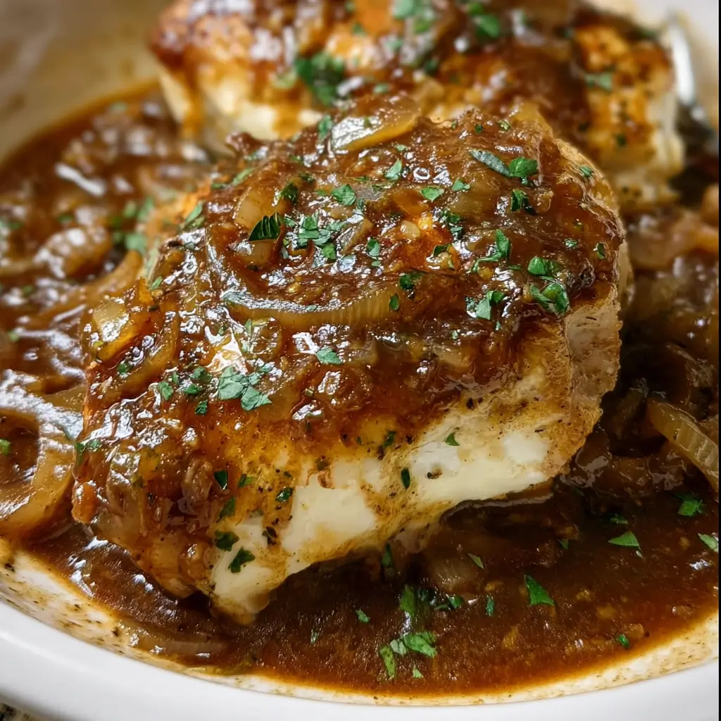 Skillet chicken topped with melted cheese and caramelized onion sauce