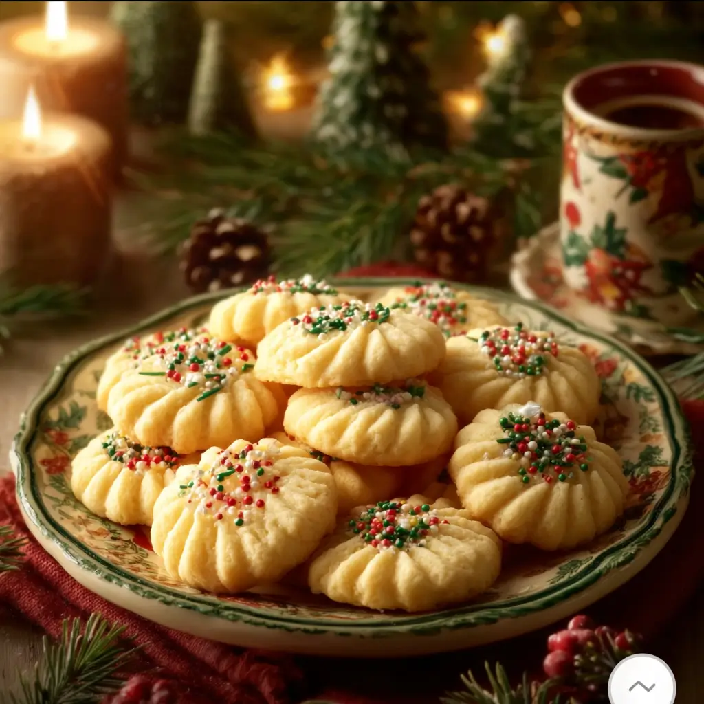 Traditional German butter cookies decorated with festive sprinkles