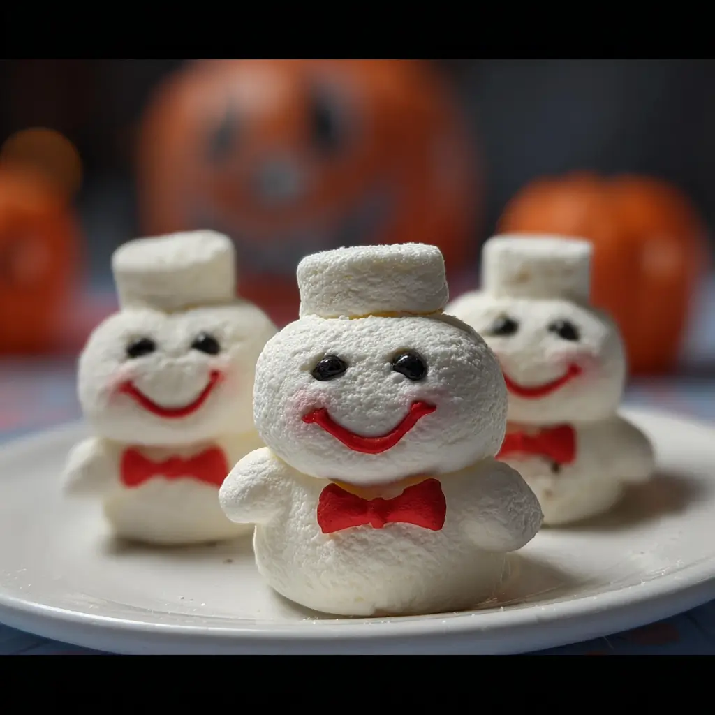 Ghostbusters Stay Puft Marshmallows 1 Homemade Ghostbusters Stay Puft Marshmallows stacked on a plate.