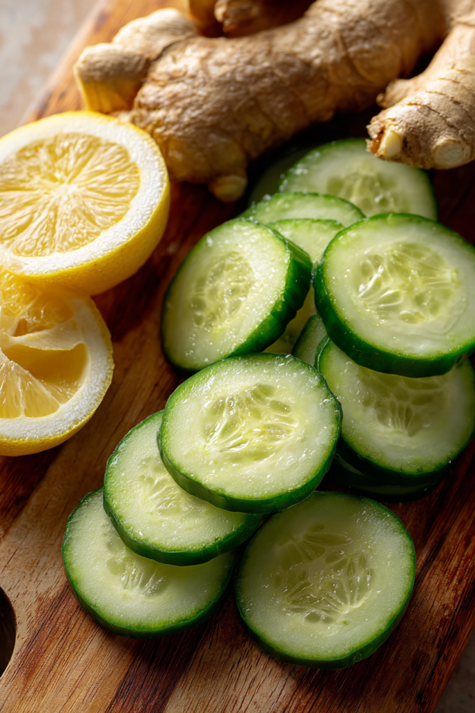 Fresh cucumber, lemon, and ginger ingredients for ginger cucumber lemon water