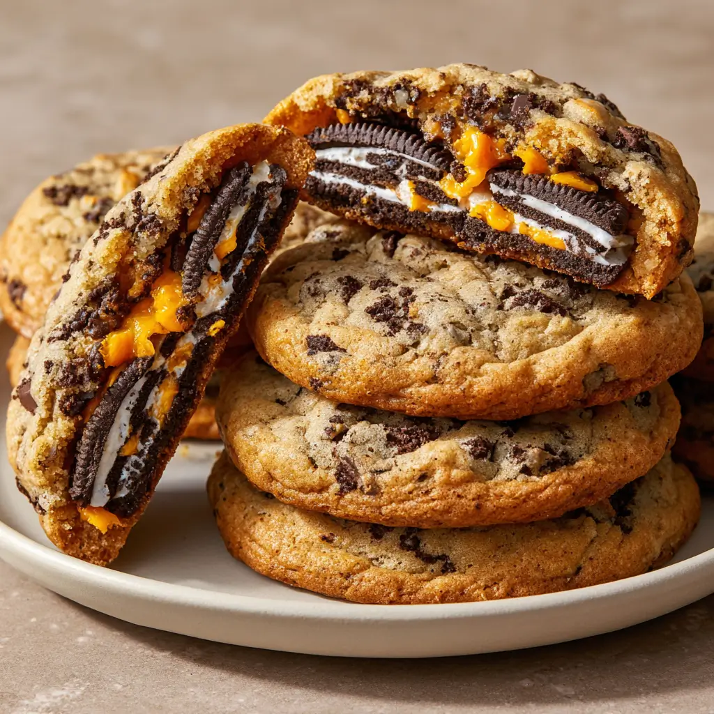 Halloween Oreo stuffed chocolate chip cookies with orange cream centers