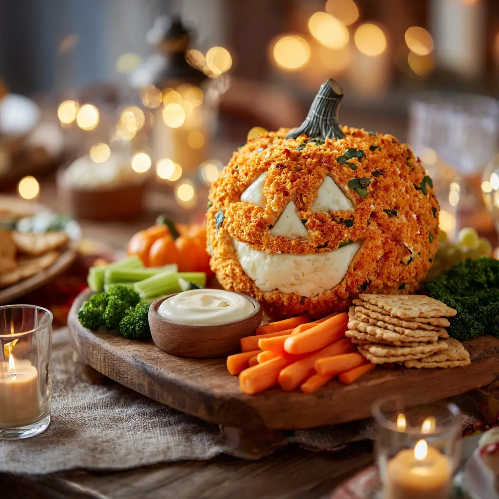 Pumpkin-shaped cheese ball appetizer served with crackers for Halloween.