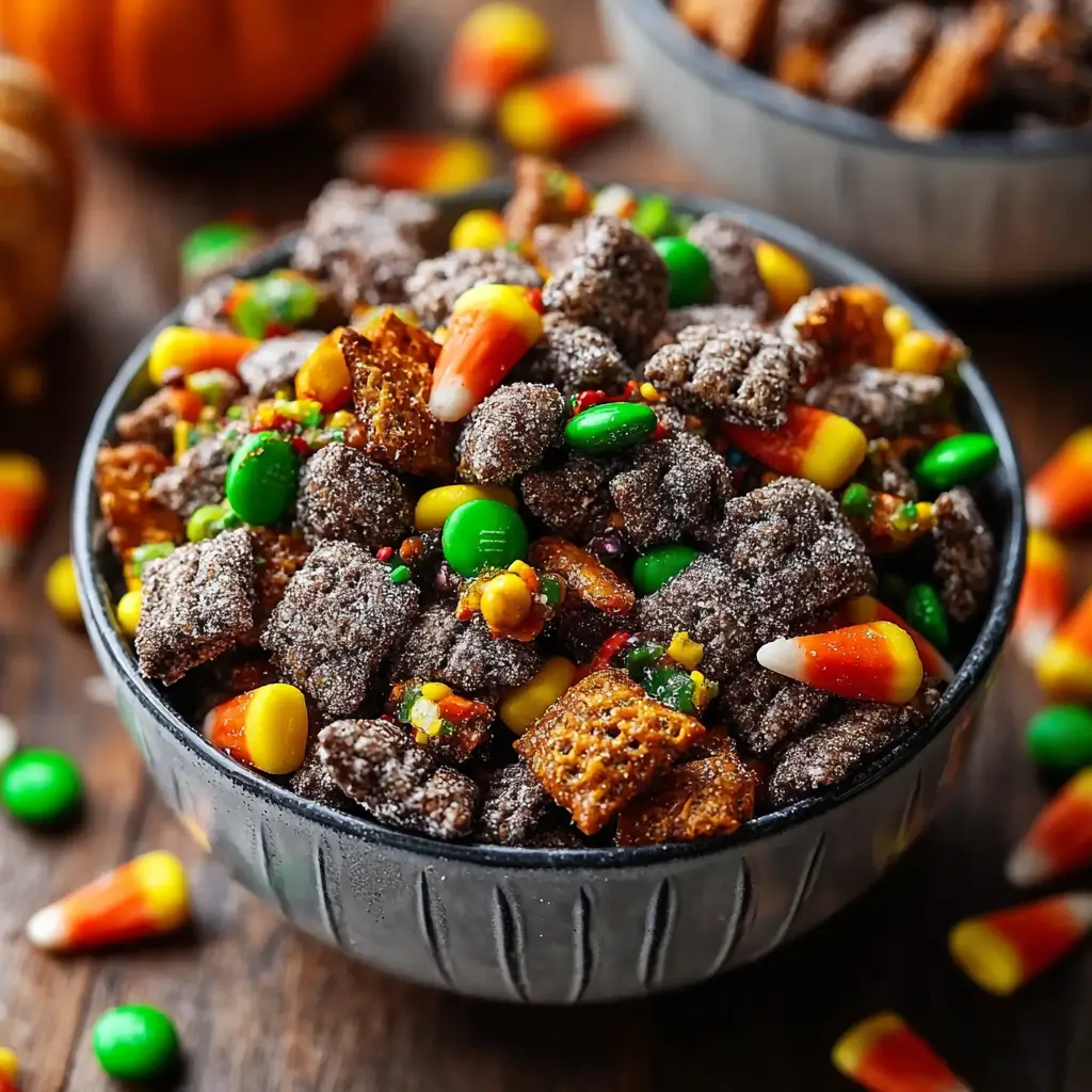 Halloween chocolate muddy buddies snack mix with candy corn and M&Ms