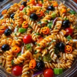 Halloween pasta salad with mushroom skulls and mozzarella eyeballs