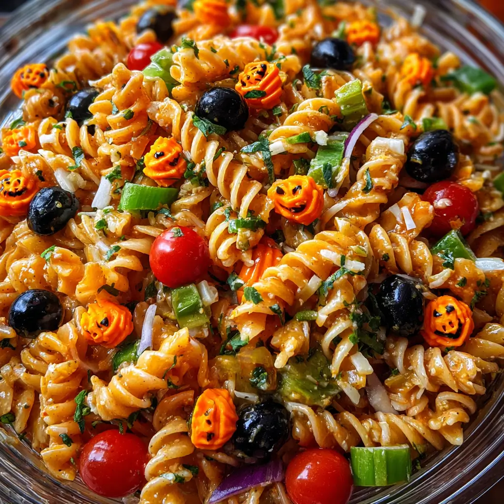 Halloween pasta salad with mushroom skulls and mozzarella eyeballs