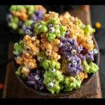 Hocus Pocus popcorn clusters coated in orange, purple, and green white chocolate with candy eyes and sprinkles