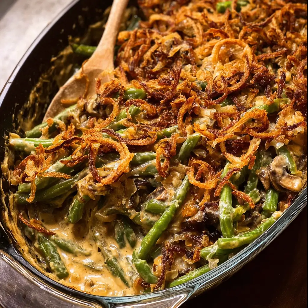 Homemade green bean casserole topped with crispy onions.