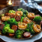 Honey garlic shrimp, sausage, and broccoli in a skillet with sauce