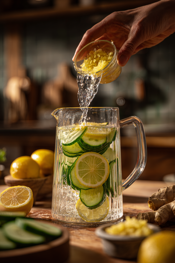 Step-by-step preparation of ginger cucumber lemon water in a glass pitcher