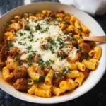 Creamy Italian sausage pasta with penne and fresh basil in a skillet