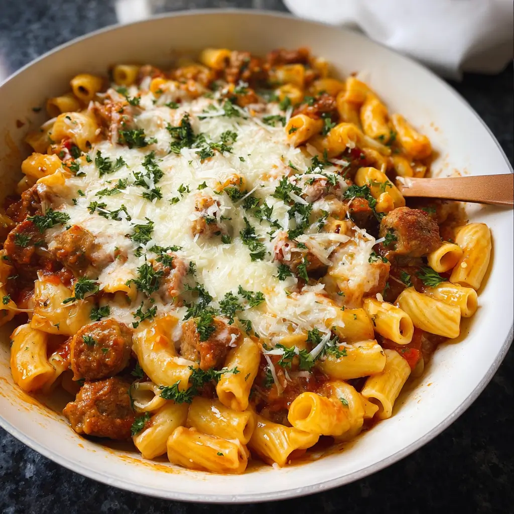 Creamy Italian sausage pasta with penne and fresh basil in a skillet