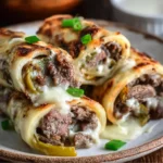 Keto Philly cheesesteak roll-ups with peppers, onions, and melted cheese.