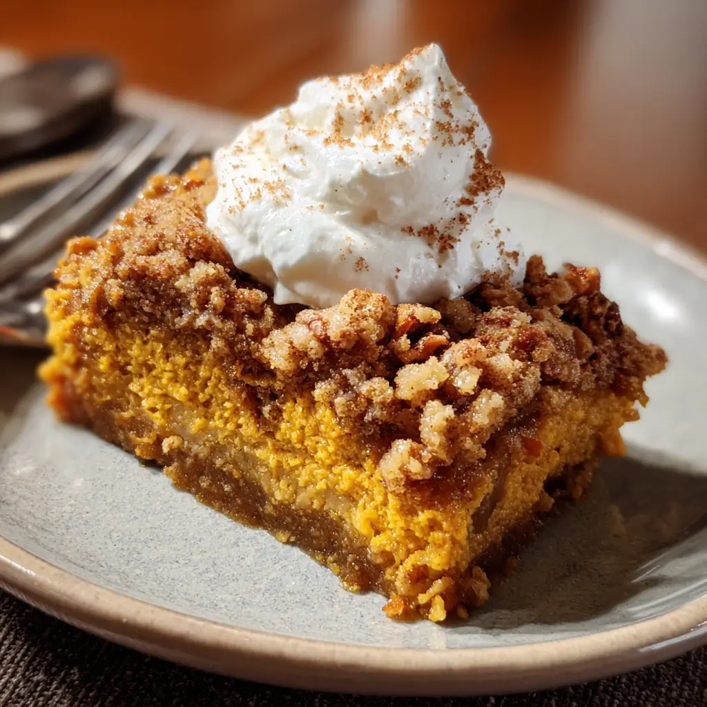 Keto pumpkin crisp topped with golden nutty crumble in a rustic dish.