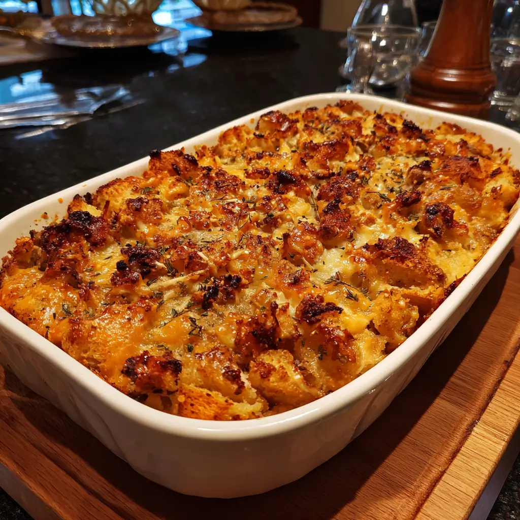 Golden baked Christmas breakfast casserole on a festive table.
