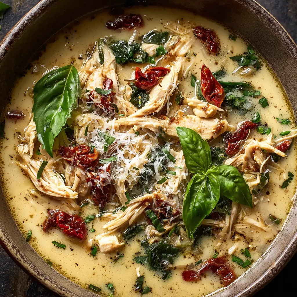 Bowl of creamy Marry Me Chicken Soup with chicken, spinach, and sun-dried tomatoes