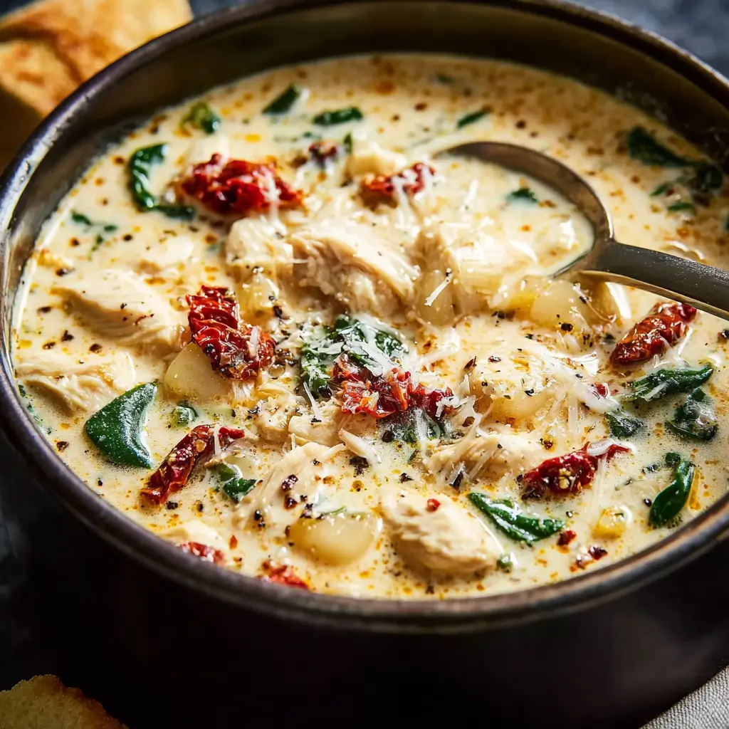 Marry Me Chicken Soup 1 Creamy Marry Me Chicken Soup with chicken, spinach, and sun-dried tomatoes.