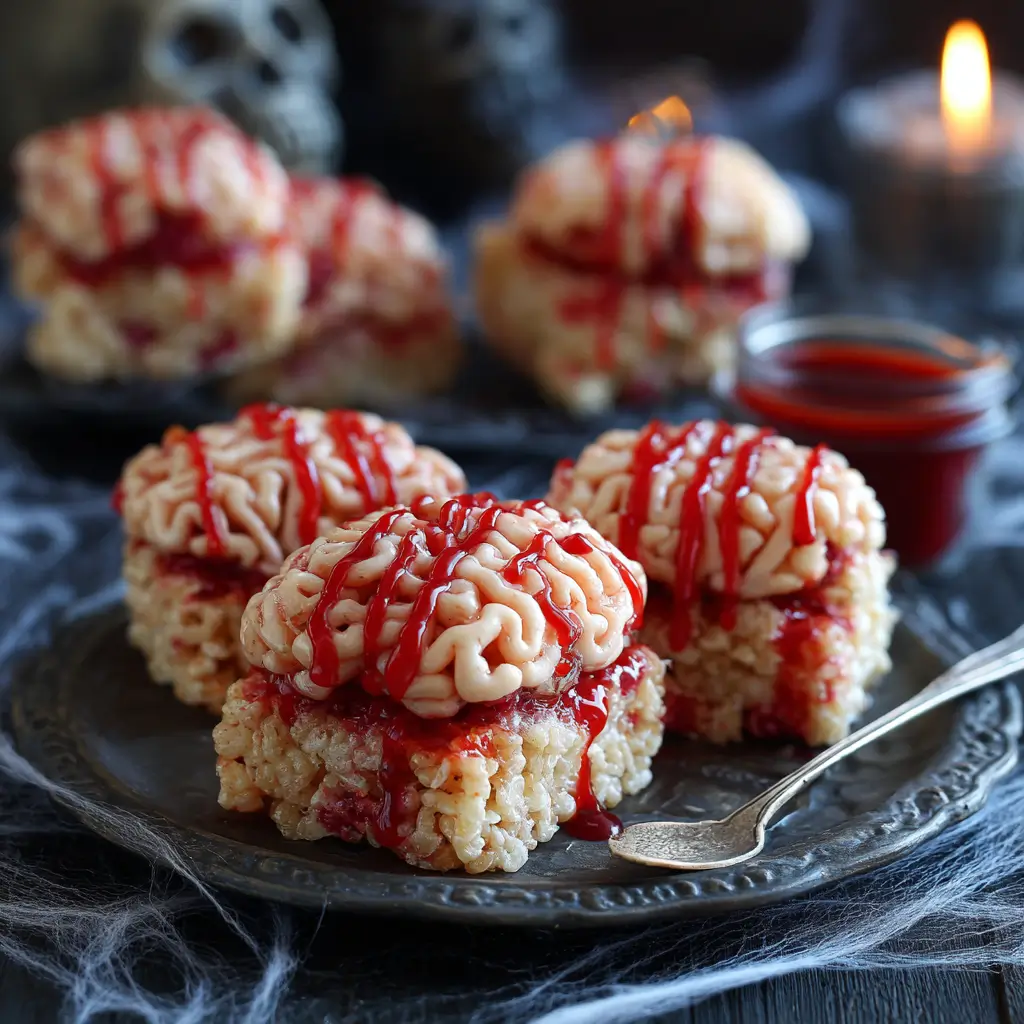 Rice Krispies treats shaped like Halloween brains with red jam drizzle
