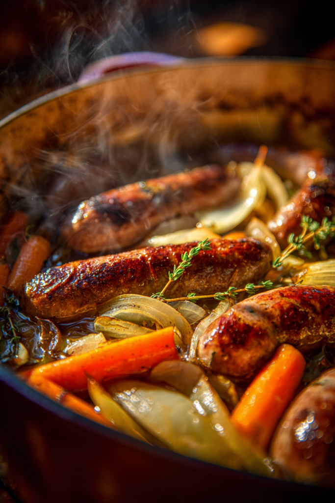 Browning sausage and vegetables for Mennonite Formavorscht Recipe