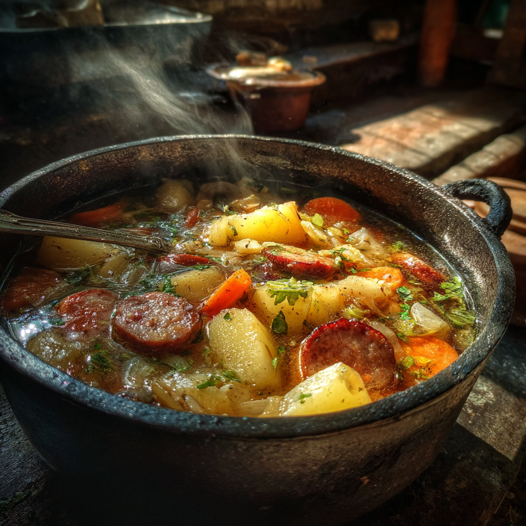 Mennonite Formavorscht Recipe in a rustic pot with vegetables