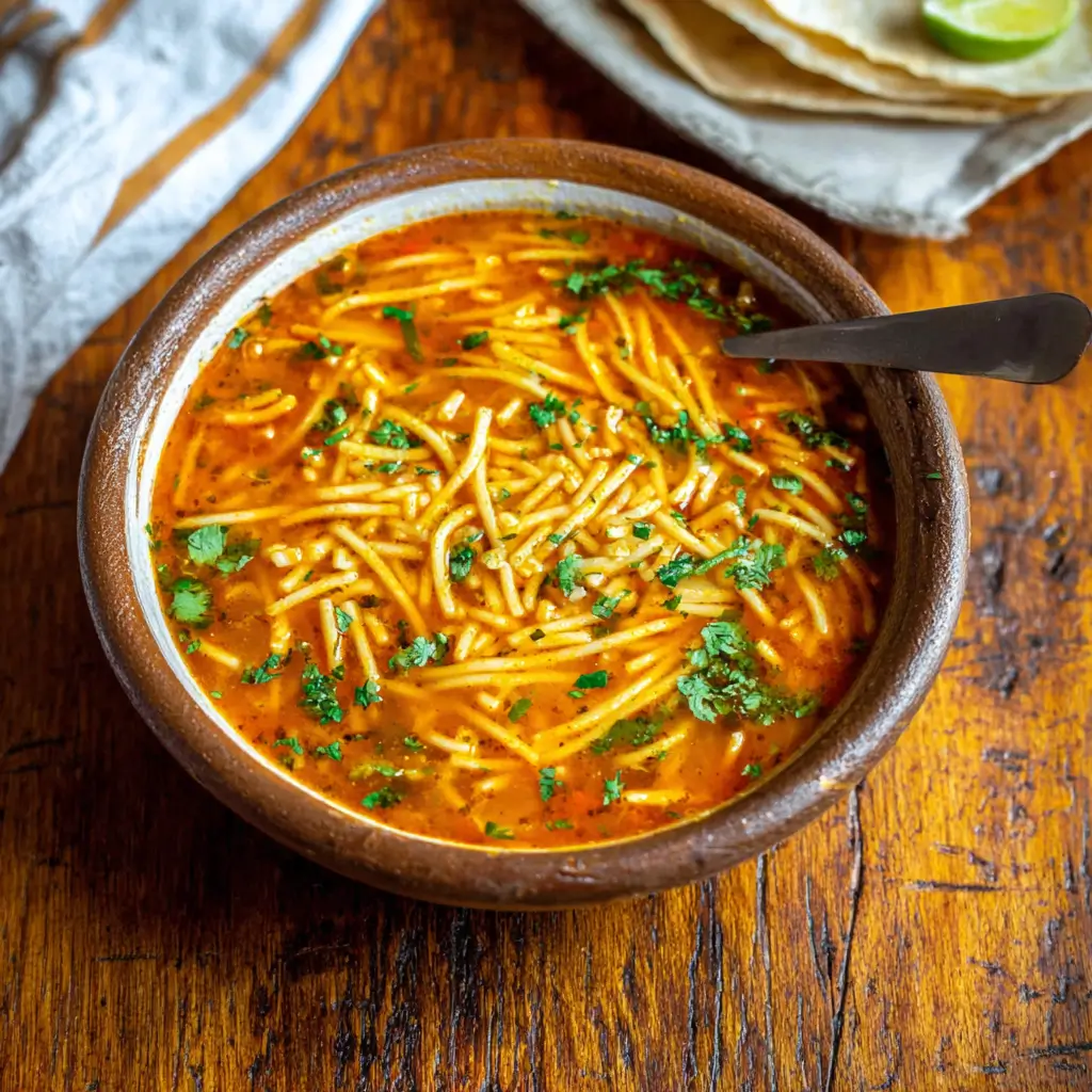 Fideo: A Quick & Cozy Mexican Noodle Soup 1 Warm Mexican fideo noodle soup served in a rustic bowl, garnished with cilantro and lime wedges.