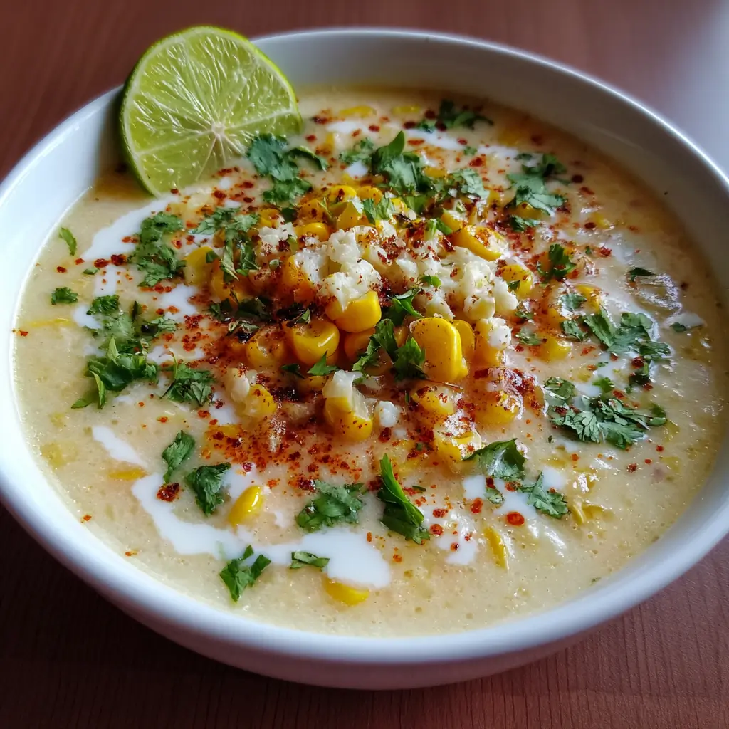 Crockpot Mexican street corn soup garnished with cilantro and lime.