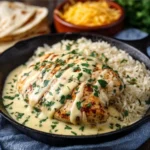 Mexican chicken topped with creamy cheese sauce and cilantro