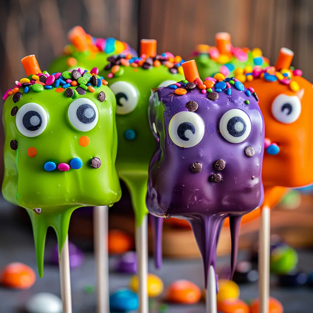 Monster marshmallow pops decorated with candy eyes and sprinkles for Halloween.