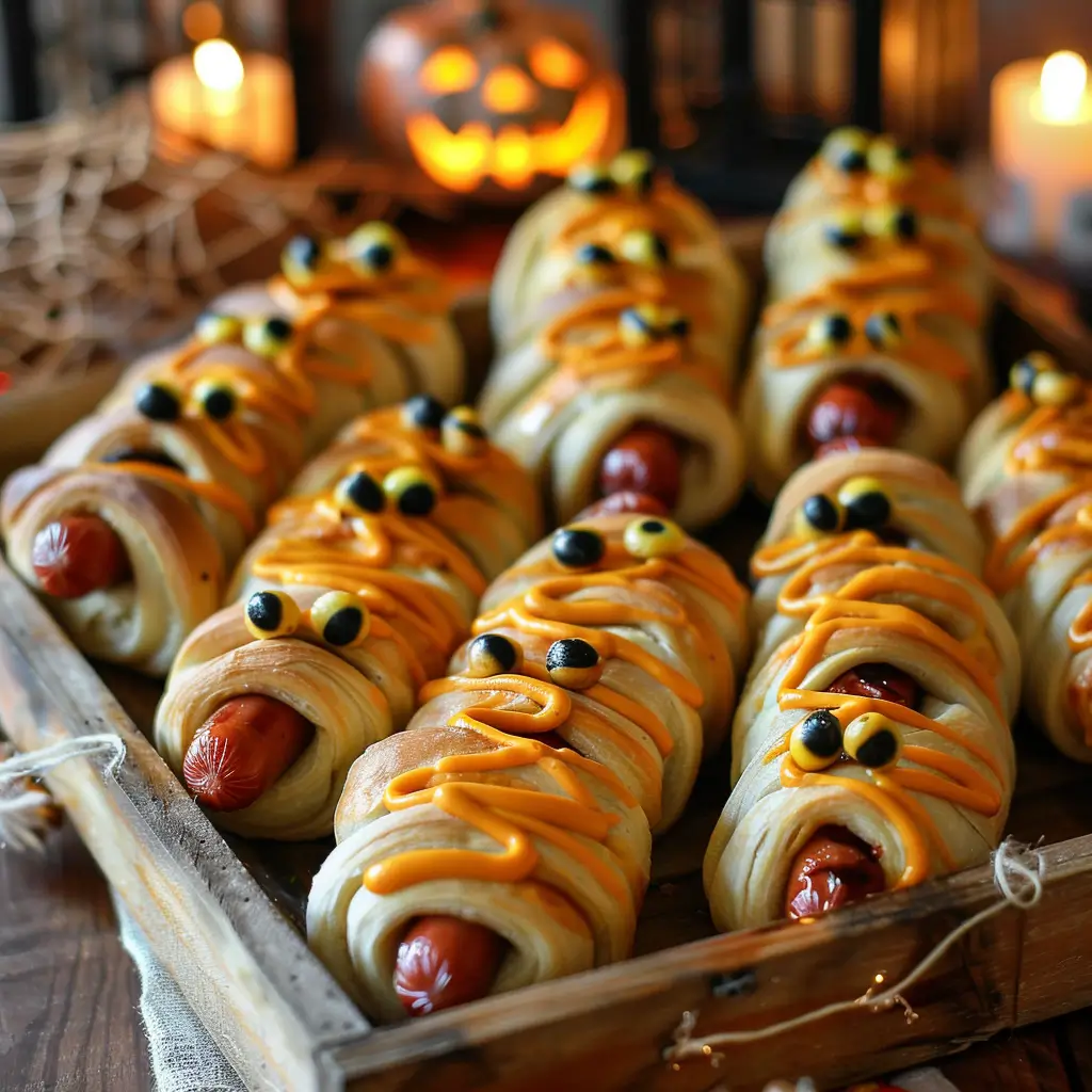 Halloween mummy hot dogs wrapped in crescent dough with mustard eyes.