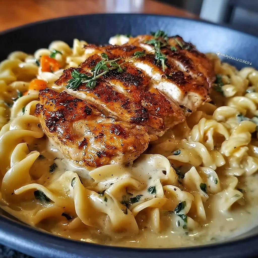 Skillet of chicken with creamy buttered noodles topped with parsley