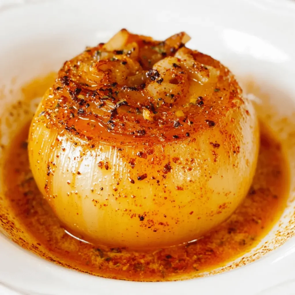 Alt Text: Close-up of a perfectly roasted whole onion, golden and tender