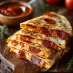 Pepperoni pizzadilla sliced into wedges with dipping sauce.