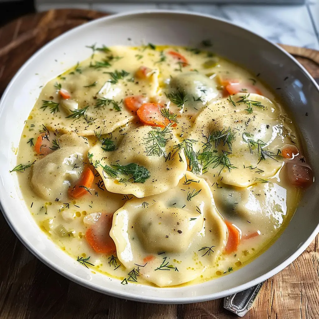 Creamy pierogi dill soup with dumplings and fresh dill in a rustic bowl.