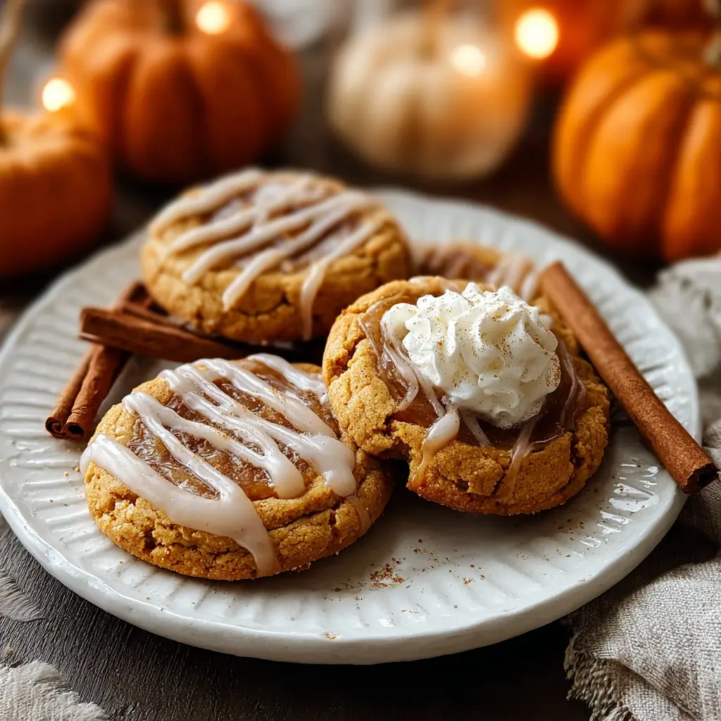 Soft pumpkin pie cookies with glaze on a rustic wooden table.