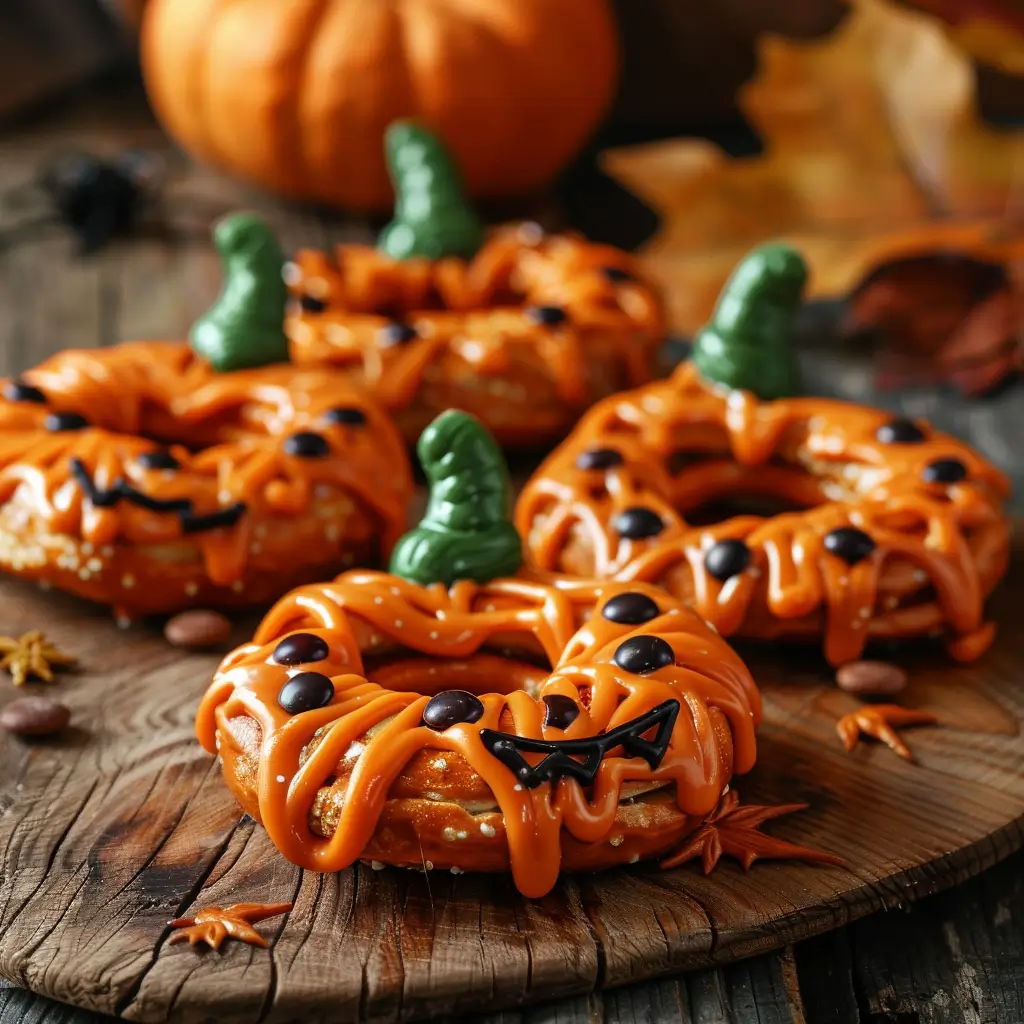 Pumpkin Pretzels 1 Pumpkin-shaped pretzels dipped in orange chocolate with green candy stems