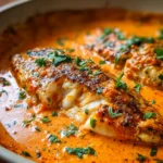 Seared tilapia in creamy roasted red pepper sauce garnished with parsley.