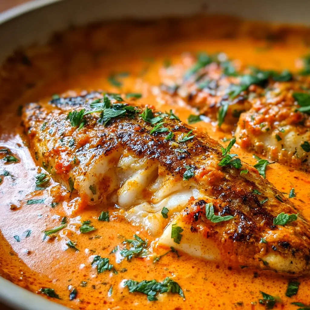 Quick Tilapia in Roasted Pepper Sauce 1 Seared tilapia in creamy roasted red pepper sauce garnished with parsley.