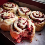 Freshly baked red velvet cinnamon rolls with cream cheese glaze for Christmas.