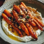 Roasted carrots served over whipped ricotta with honey and herbs.