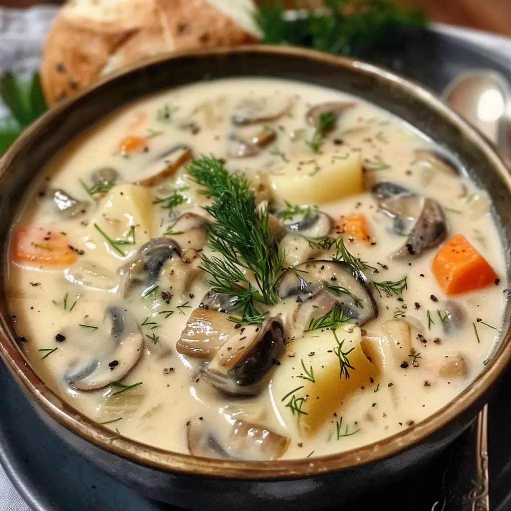 Bowl of Russian potato and mushroom soup with herbs and sour cream
