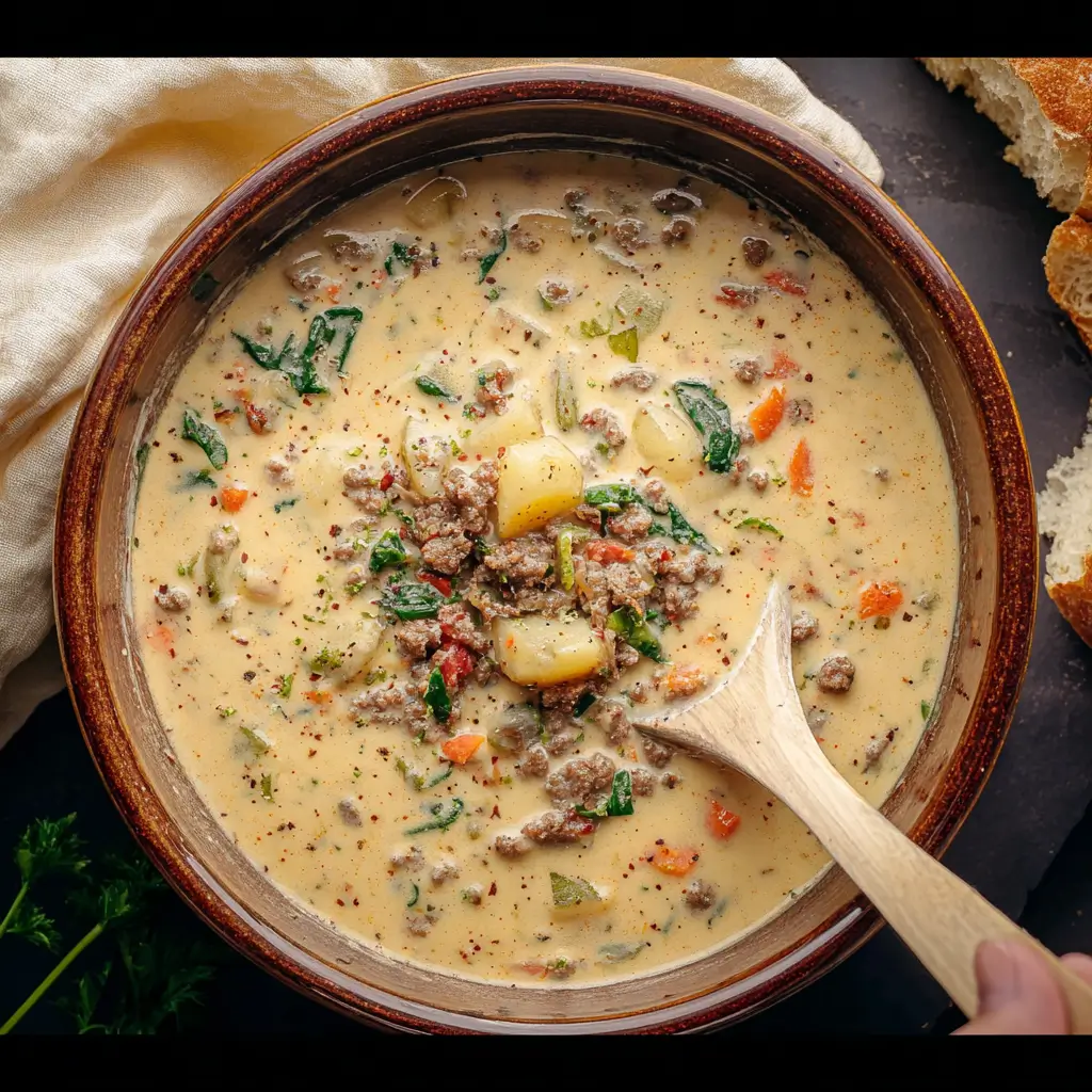 Sausage Potato Soup 1 Creamy Sausage Potato Soup served with fresh bread.