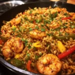 Skillet of shrimp dirty rice with bell peppers and Cajun spices