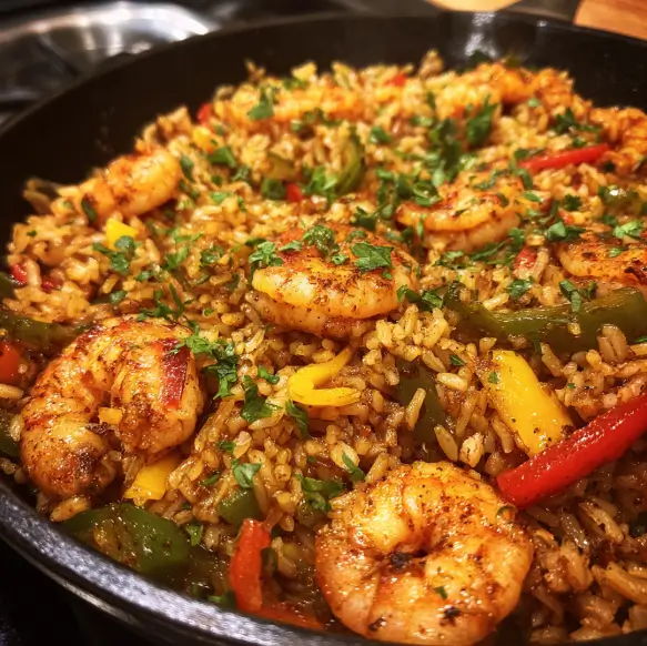 Skillet of shrimp dirty rice with bell peppers and Cajun spices
