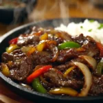 Pepper steak stir fry with onions and bell peppers in sauce over rice