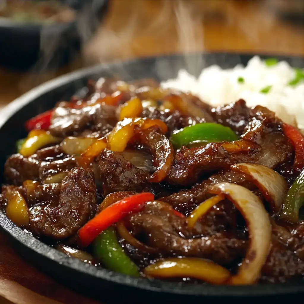 Sizzling Chinese Pepper Steak with Onions 1 Pepper steak stir fry with onions and bell peppers in sauce over rice