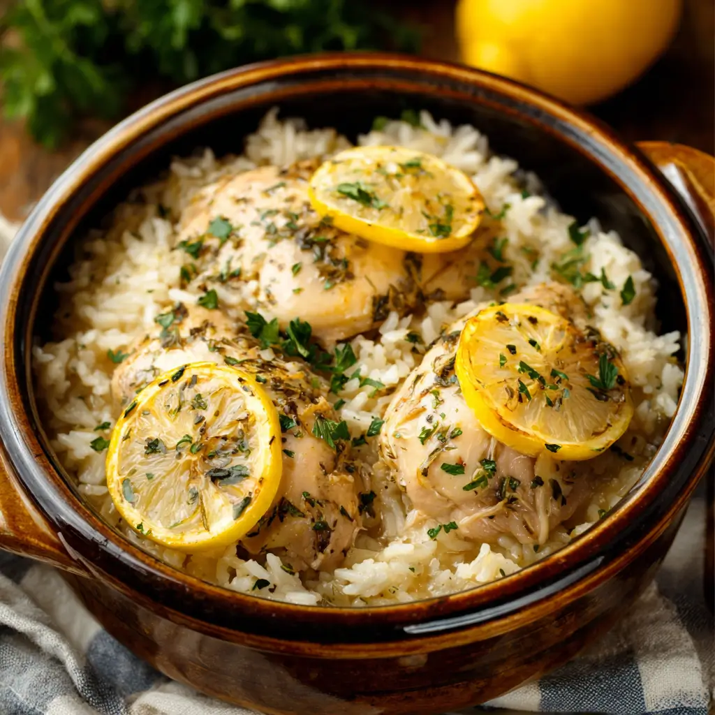 Slow cooker lemon herb chicken and rice served in a rustic bowl with lemon slices and parsley.